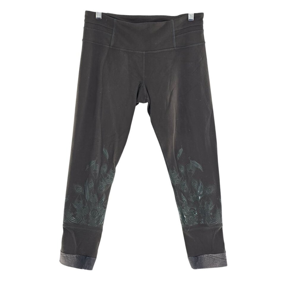 Lululemon Size 10 Acro Crop Capri Leggings Silicon Peacock Feather Grip Cuffed